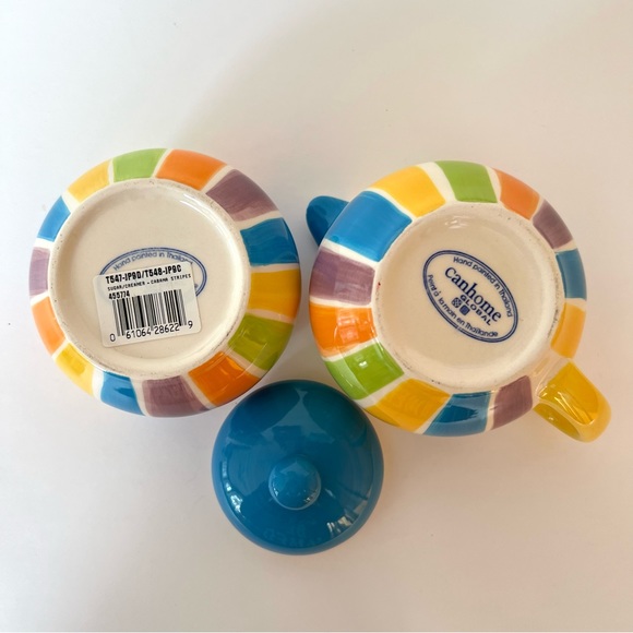 Vintage Hand Painted Cabana Stripes Sugar & Creamer Canhome Thailand - Picture 10 of 11